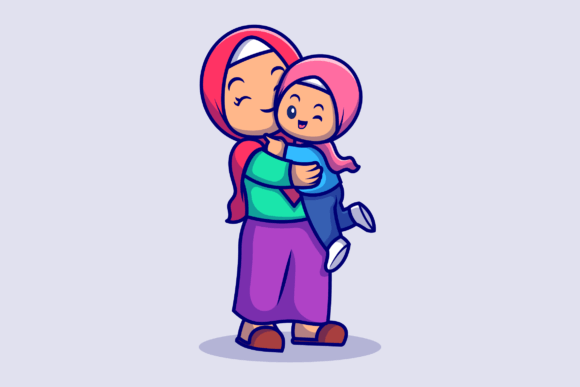 Download Cute Mother and Daughter Moslem Cartoon - Moslem Collection