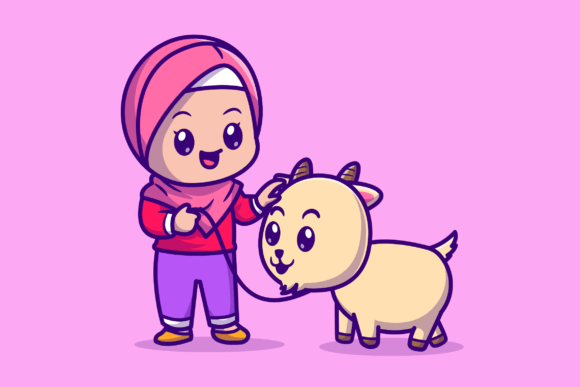 Download Cute Moslem Girl with Goat Cartoon - Moslem Collection