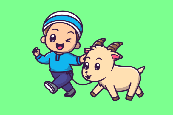 Download Cute Moslem Boy with Goat Cartoon - Moslem Collection