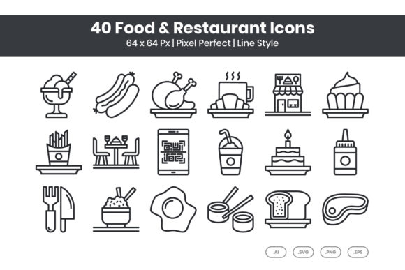 Download 40 Food &amp; Restaurant Icons - Line - Food Collection
